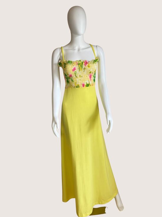 Dresses & Skirts - Yellow Floral Maxi Dress with Smocked Bodice & Ruffle Trim